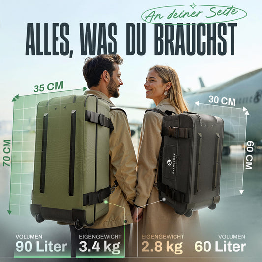 90L Reisetasche mit Rollen XL Khaki 3in1 Trolley Rucksack